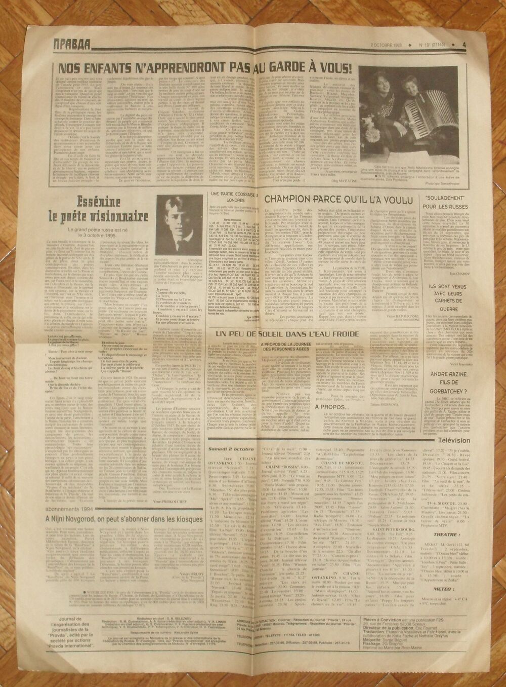 La PRAVDA Interdite dernier num&eacute;ro du Samedi 2 Octobre 1993. 