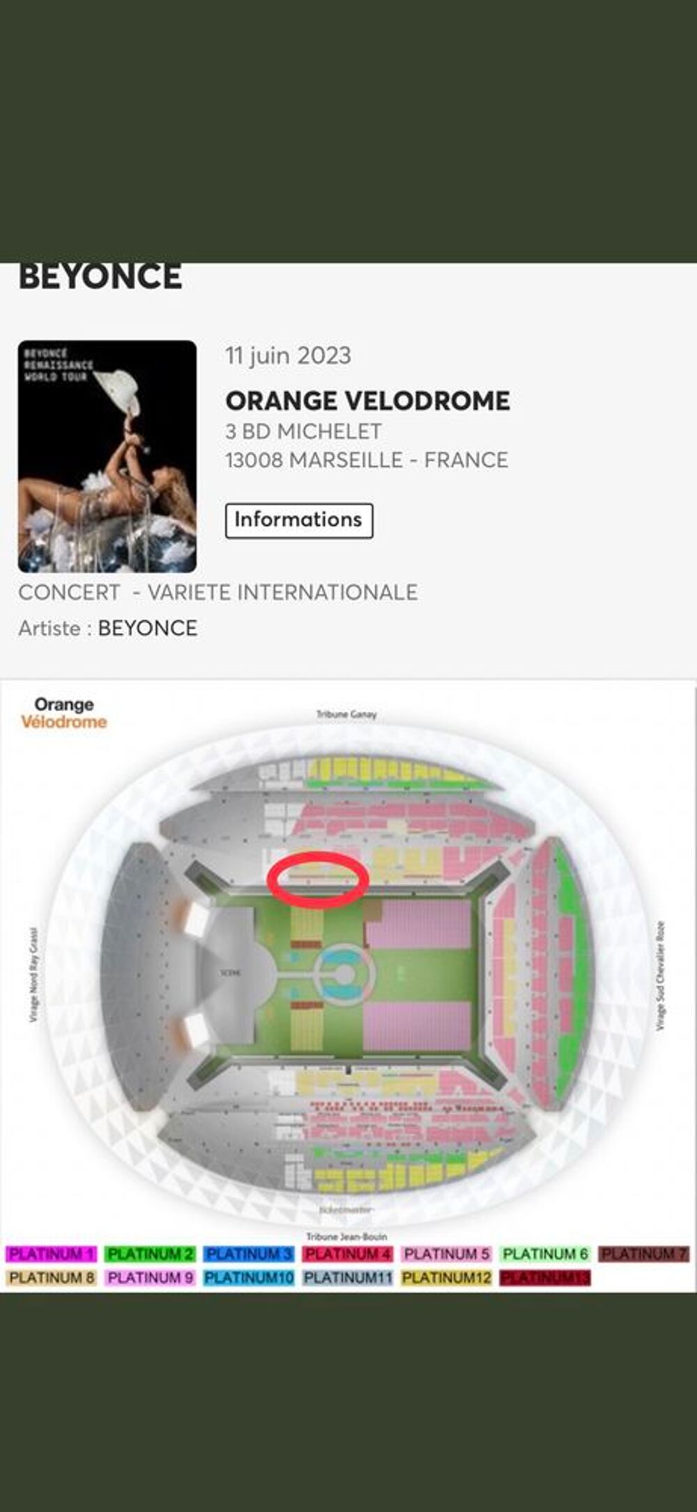 1 place place platinum1 en cat&eacute;gorie or pour Beyonc&eacute; Billetterie