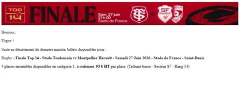 Rugby - Finale Top 14 - place disponibles Boulogne-Billancourt (92)