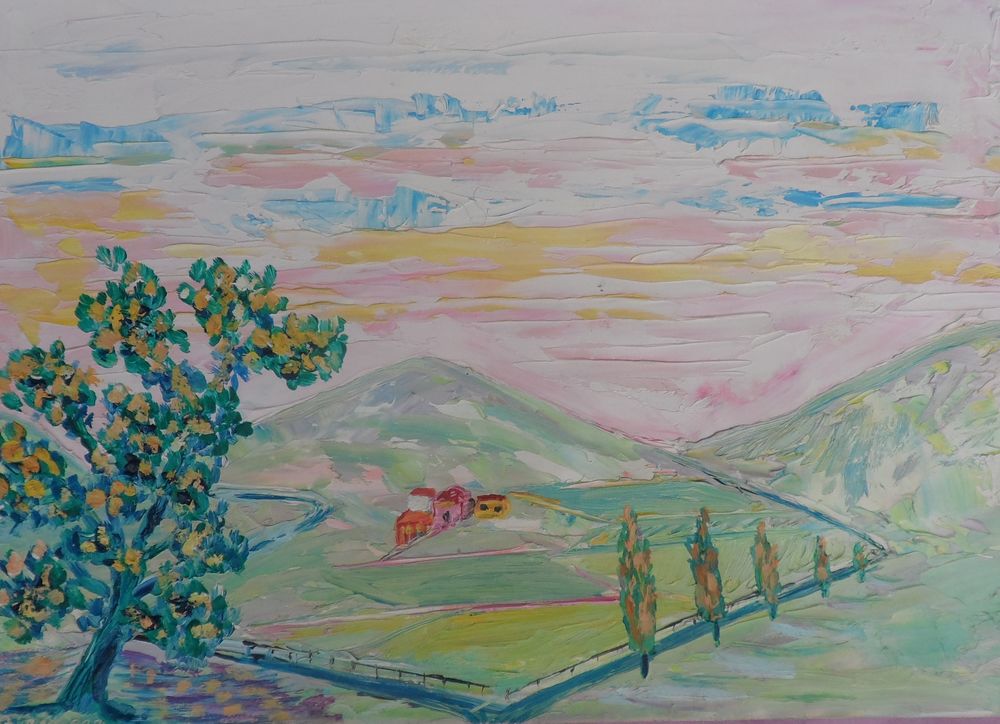 Peinture sur carton arbre maison et cl&ocirc;ture sign&eacute;e 21 x 29,7 Décoration