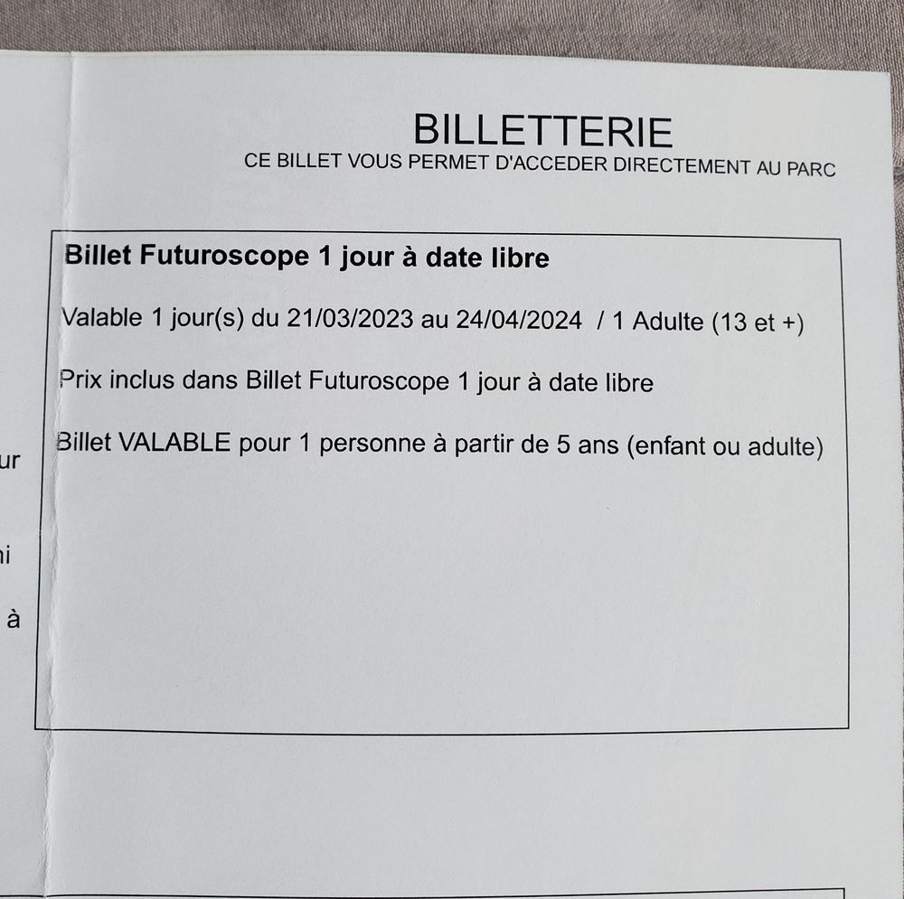 2 billets Futuroscope Billetterie