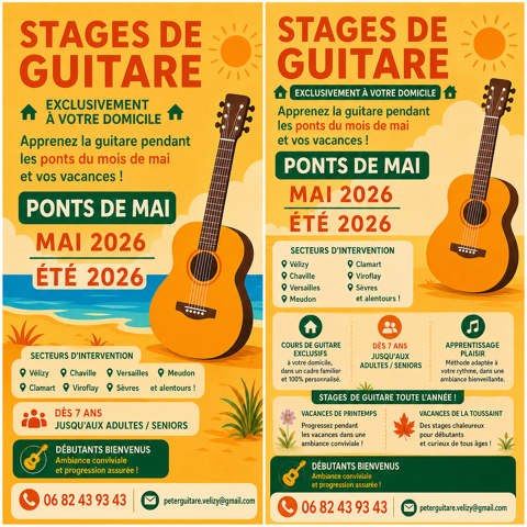 STAGES DE GUITARE PONTS MAI & &Eacute;T&Eacute;
a partir du 08/05-29/08  0 78140 V�lizy-villacoublay