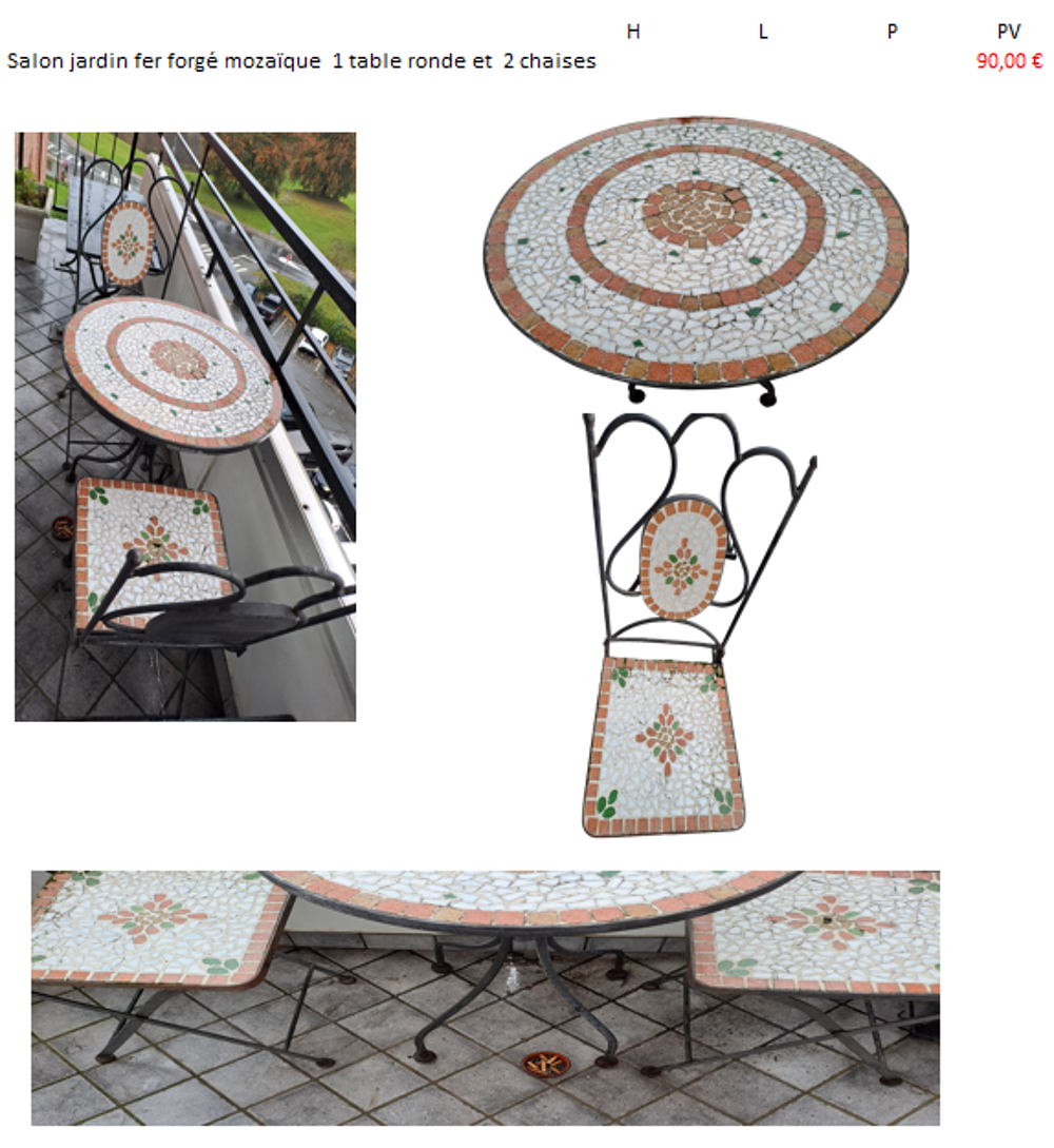 SALON JARDIN FER FORG&Eacute; MOZA&Iuml;QUE table ronde et 2 chaises Meubles