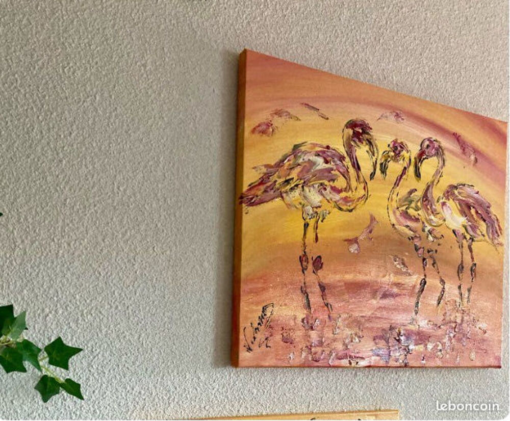 Tableau Flamants roses Peinture sur toile Camargue 55x46cm Neuf Original Décoration