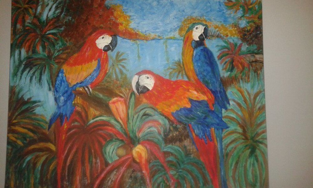 tableau peint main peinture acrylique perroquets Décoration