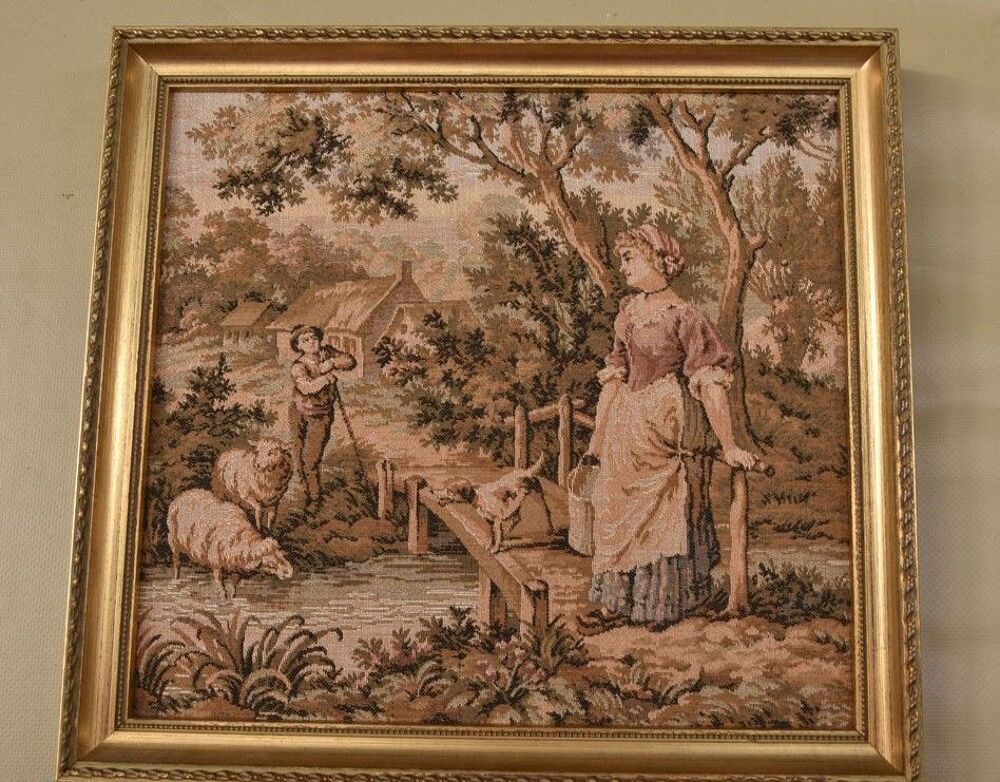 Petite tapisserie sc&egrave;ne pastorale, encadrement en bois Dcoration