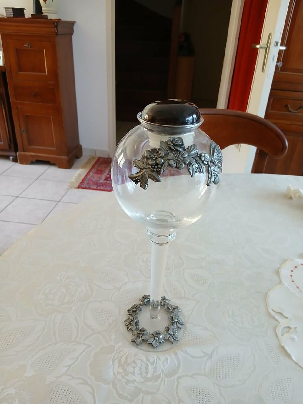 Vase photophore bomb&eacute; cristal orn&eacute; d'&eacute;tain N&deg; 1450 Décoration