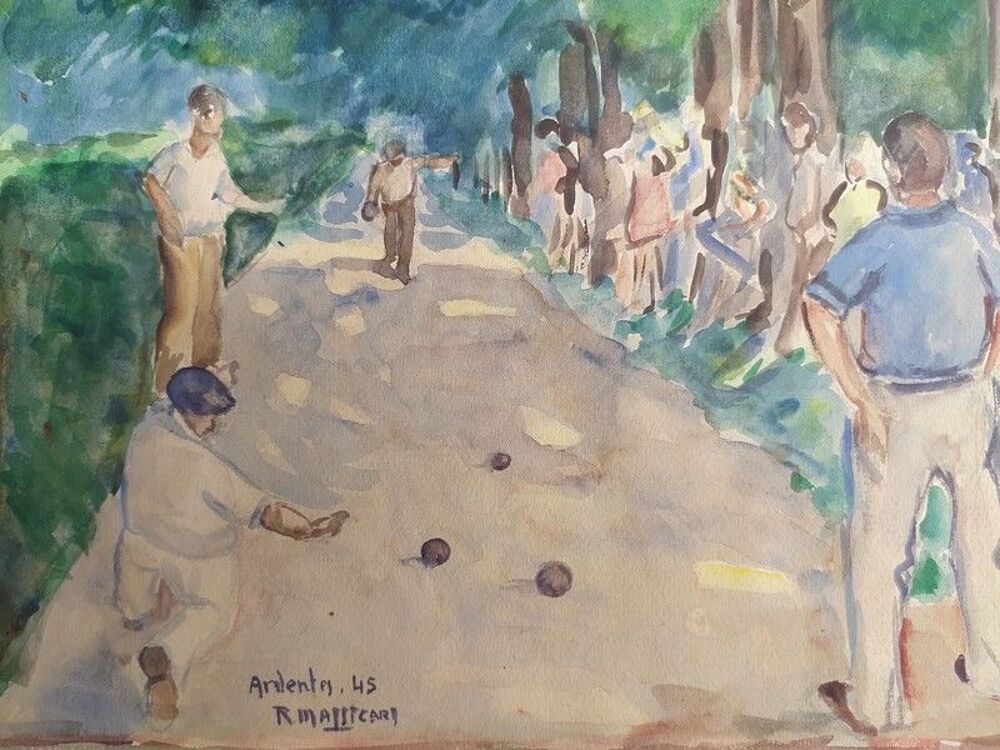 Aquarelle Jeu de Boules &agrave; Ardentes 1945 Sign&eacute; R. Massicard 