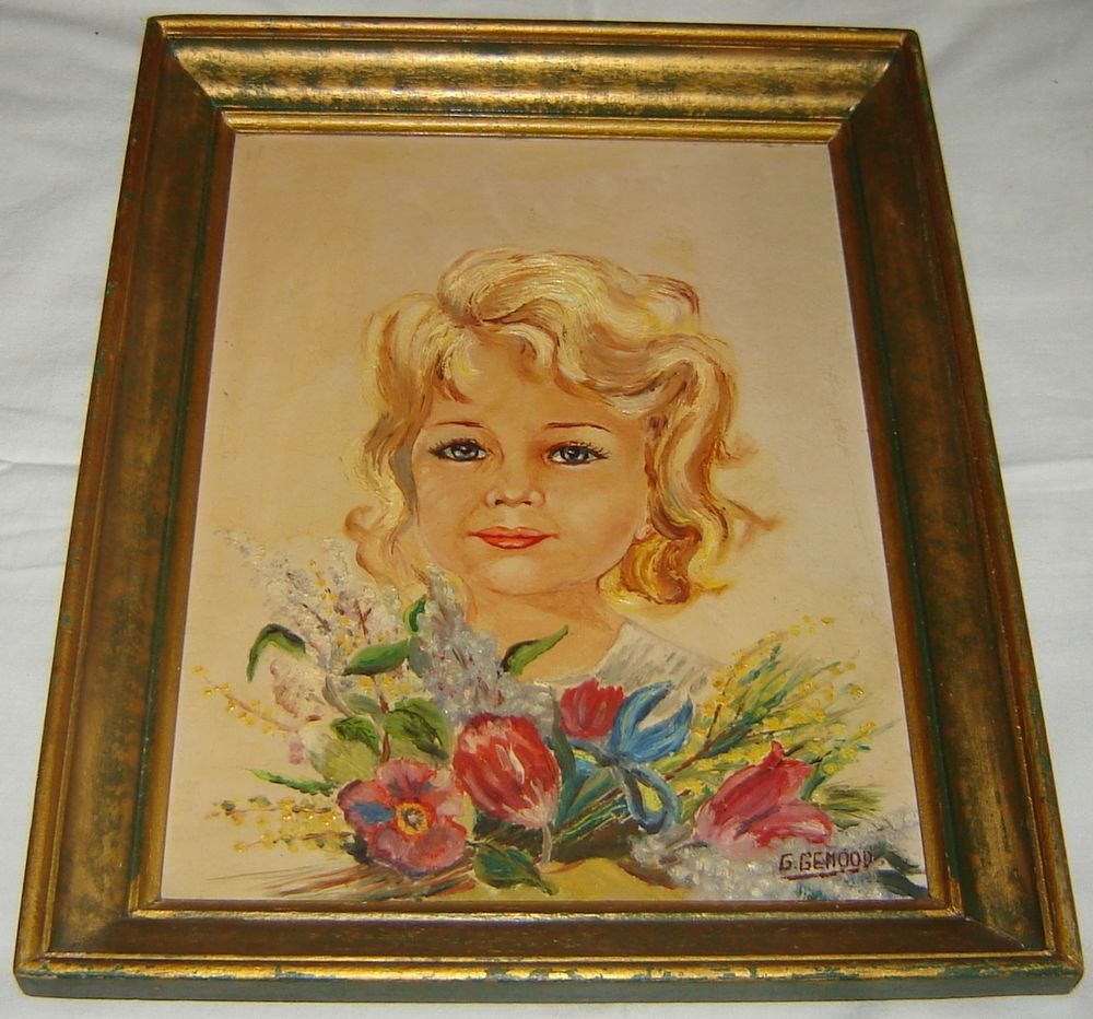 Tableau ancien portrait fille sign&eacute; G. Gemoud 1943 Décoration