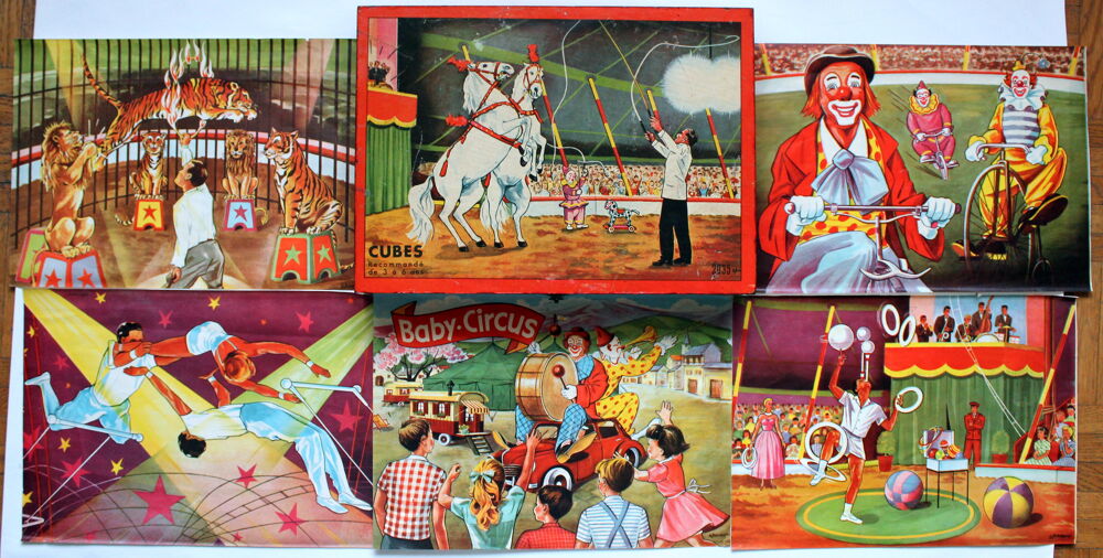 Boite de cubes ancien en bois puzzles th&egrave;me cirque 
M.F.R.G Jeux / jouets