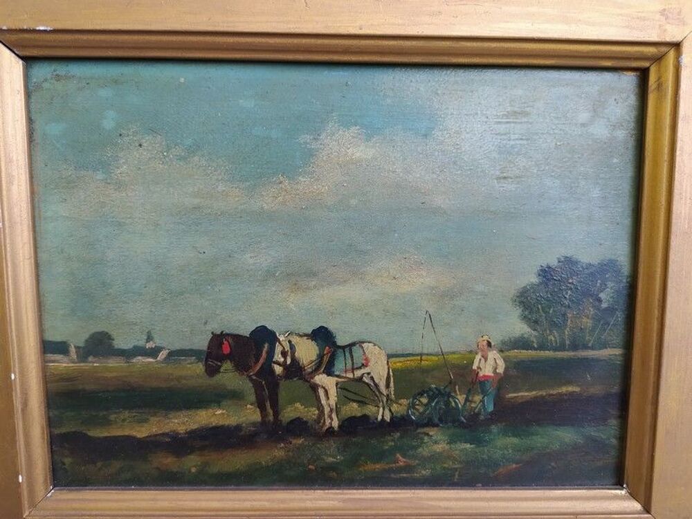 Tableau Sc&egrave;ne Paysanne Chevaux Labours Villiers sur Marne 