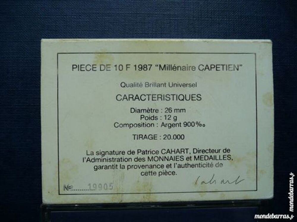 Pi&egrave;ce 10 fr Argent 1987 en BU Mill&eacute;naire Cap&eacute;tien 