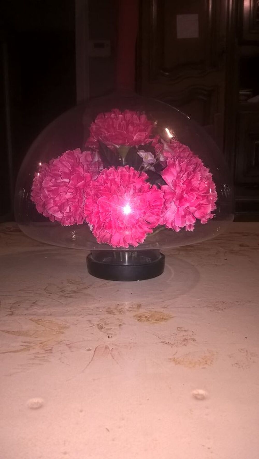 Fleurs s&eacute;ch&eacute;es sous verre bomb&eacute; 1970. Décoration