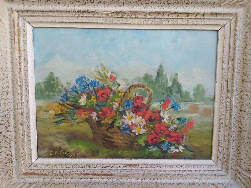 Ancien Tableau Bouquet de Fleurs Printani&egrave;res Sign&eacute;
