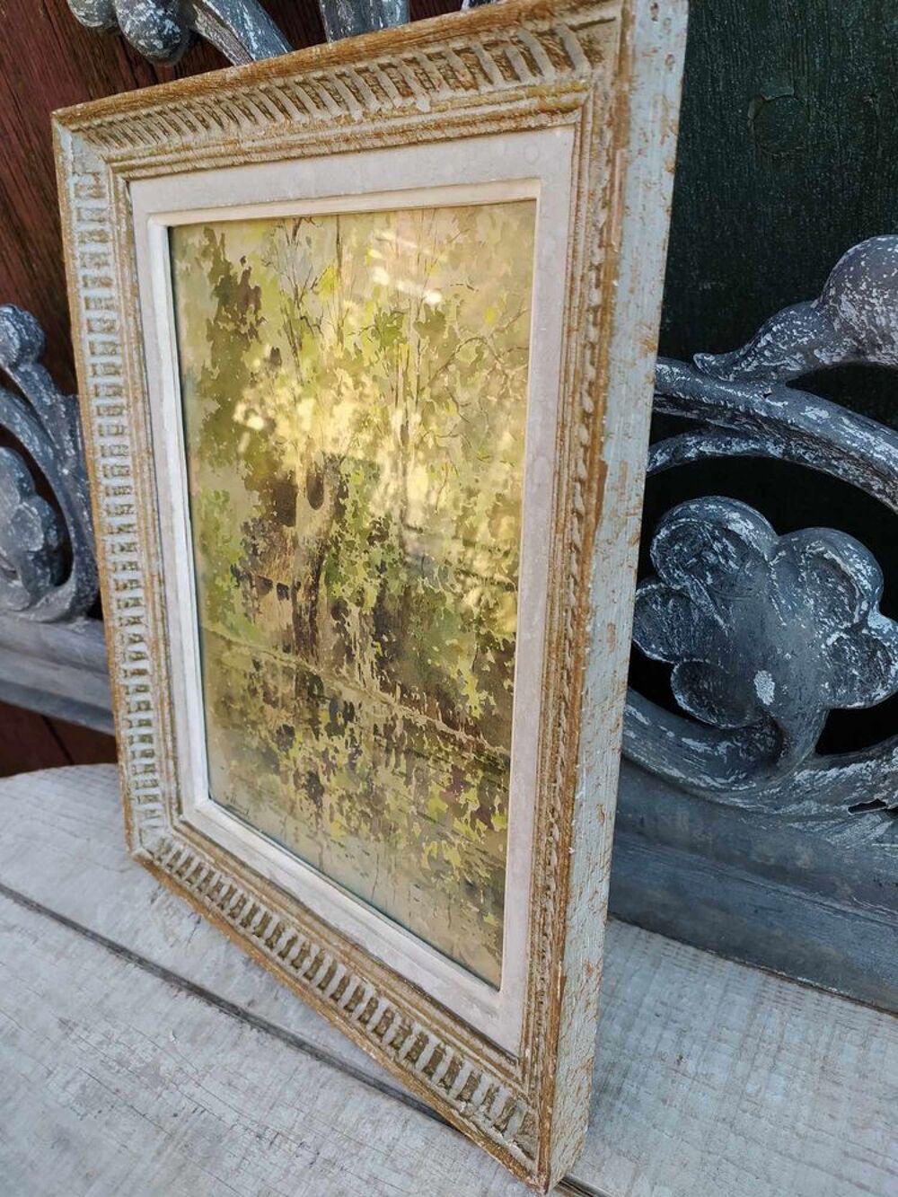 Tableau Aquarelle Paysage Bord de S&egrave;vres Sign&eacute; 