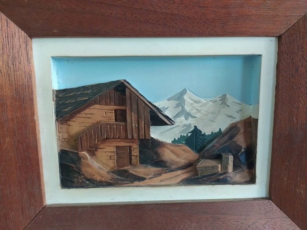 Tableau Chalet Montagne Bois Sculpt&eacute; Art Populaire Hauler 01 Décoration
