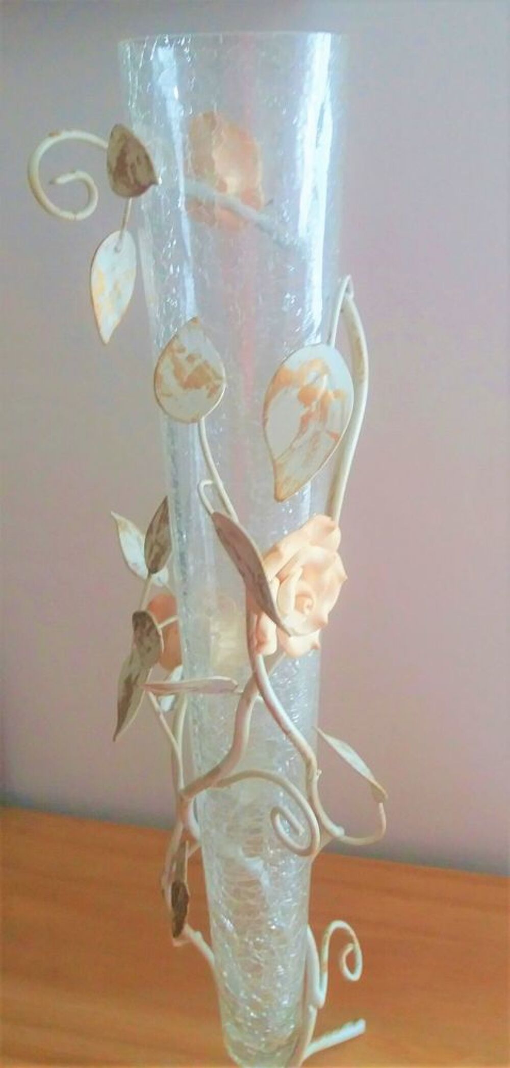Beau vase soliflore verre &eacute;pais support fer forg&eacute; H 44 cm Décoration