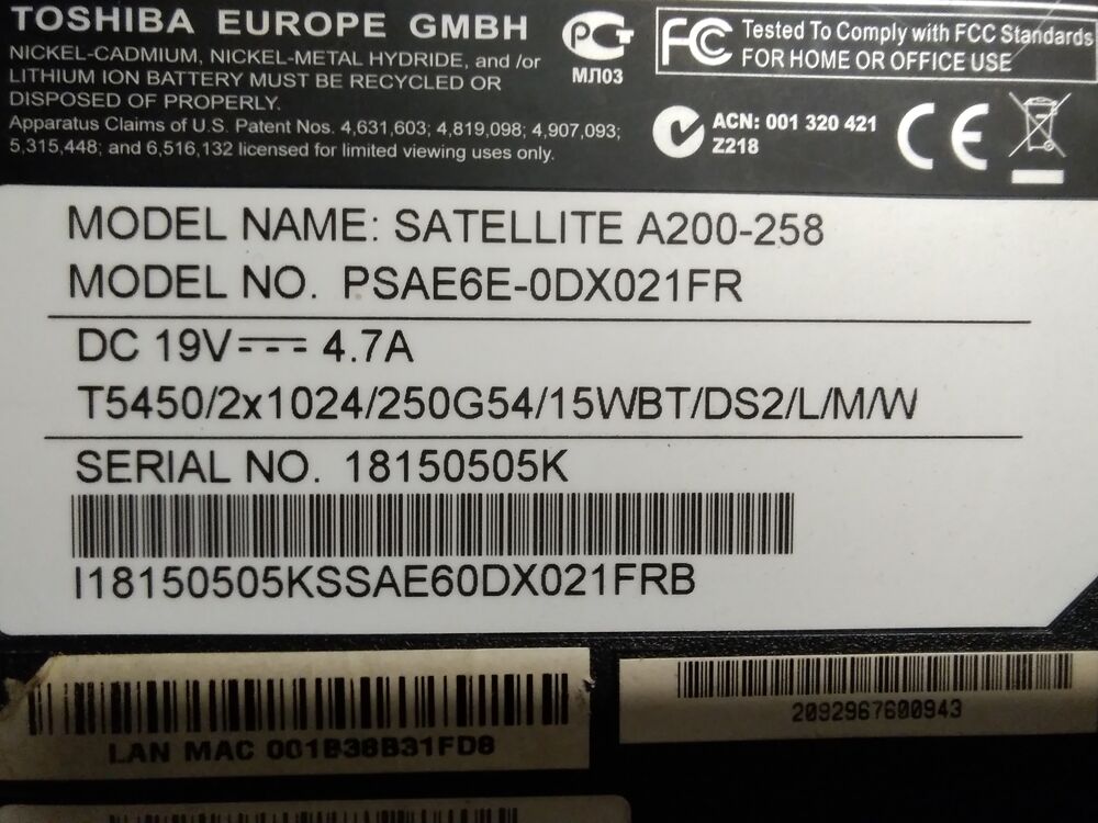Laptop Toshiba Satellite A200-258 Matériel informatique