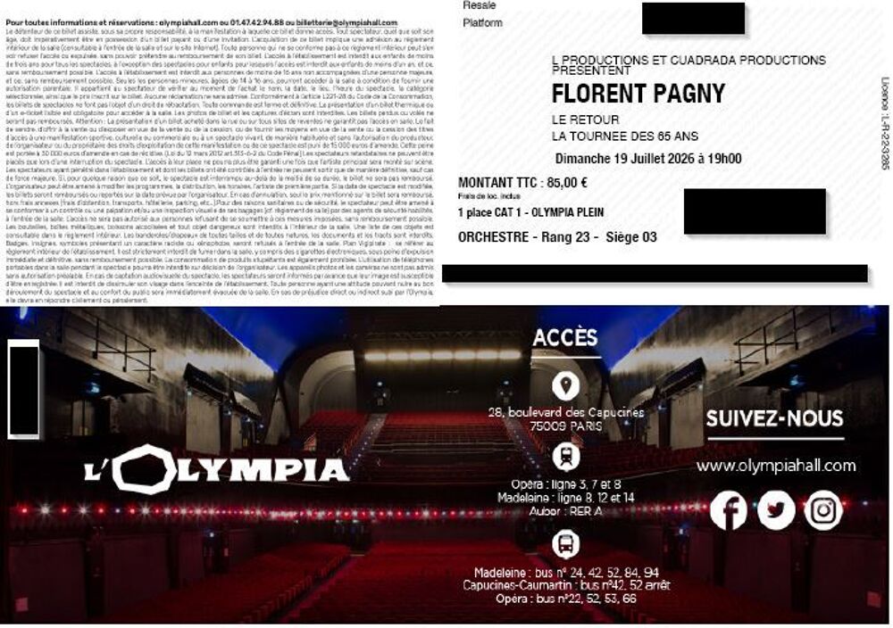 Billets Concert FLORENT PAGNY &agrave; l'Olympia - LE RETOUR Billetterie