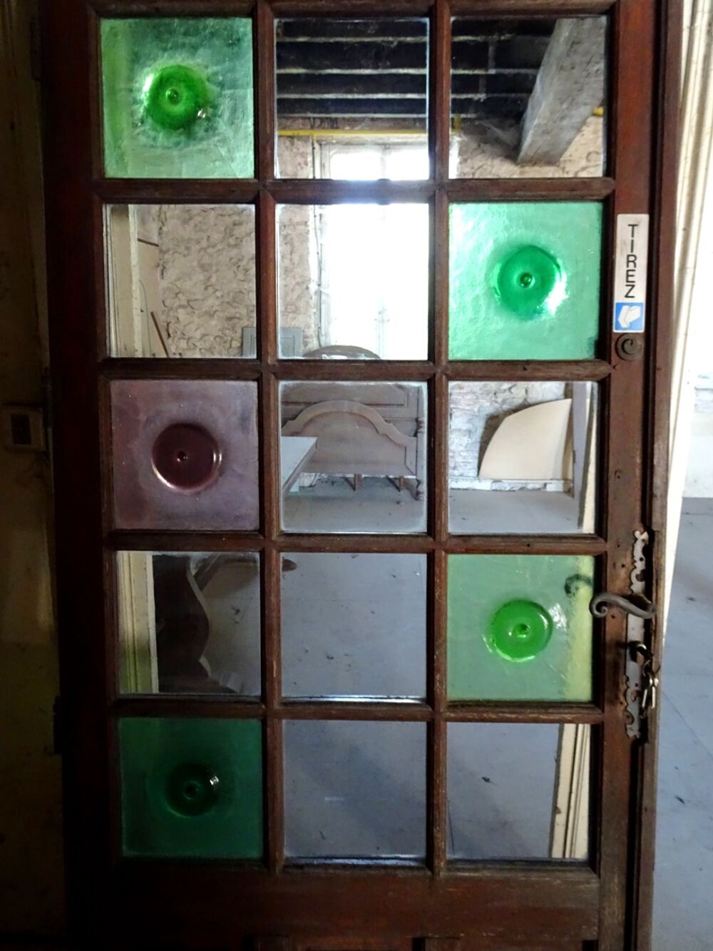 Porte bois massif (ch&ecirc;ne) verre vitraux 1960 Décoration