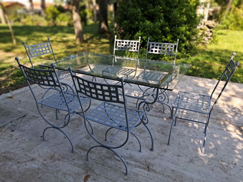 Salon de jardin m&eacute;tal et verre, 6 chaises, grand plateau en Jardin