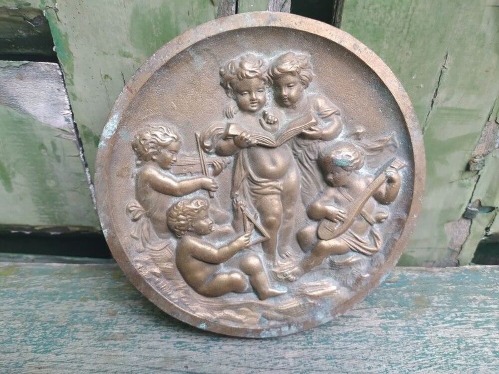 Grande M&eacute;daille Bronze Sc&egrave;ne Enfants Putti la Musique 