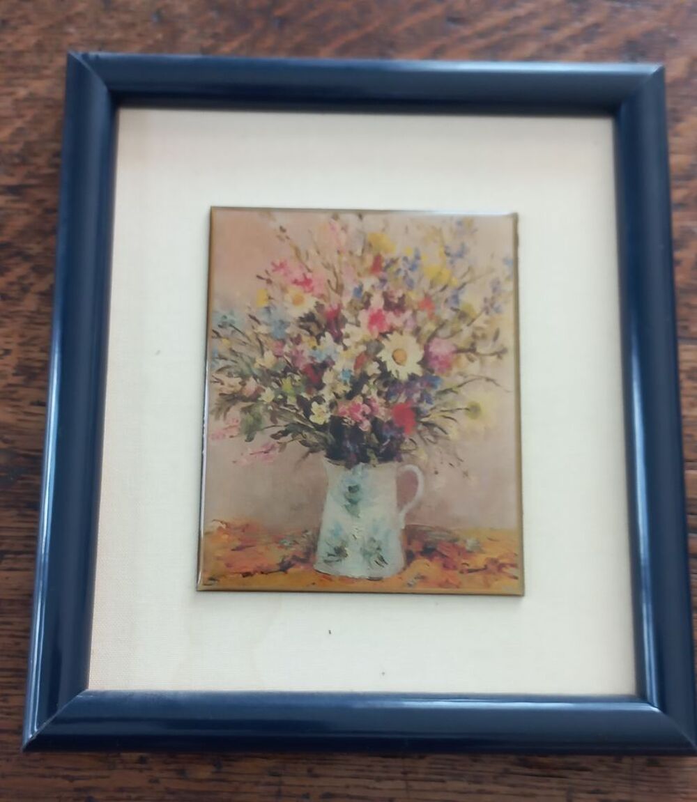 Lot 2 cadres avec peinture florale sur c&eacute;ramique Décoration