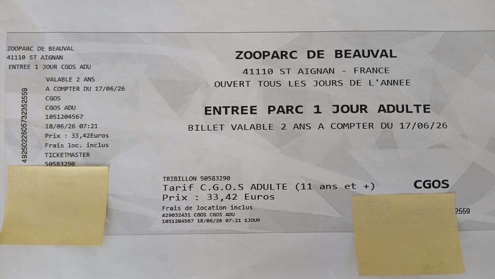 2 billets zoo de Beauval non dat&eacute;s Billetterie