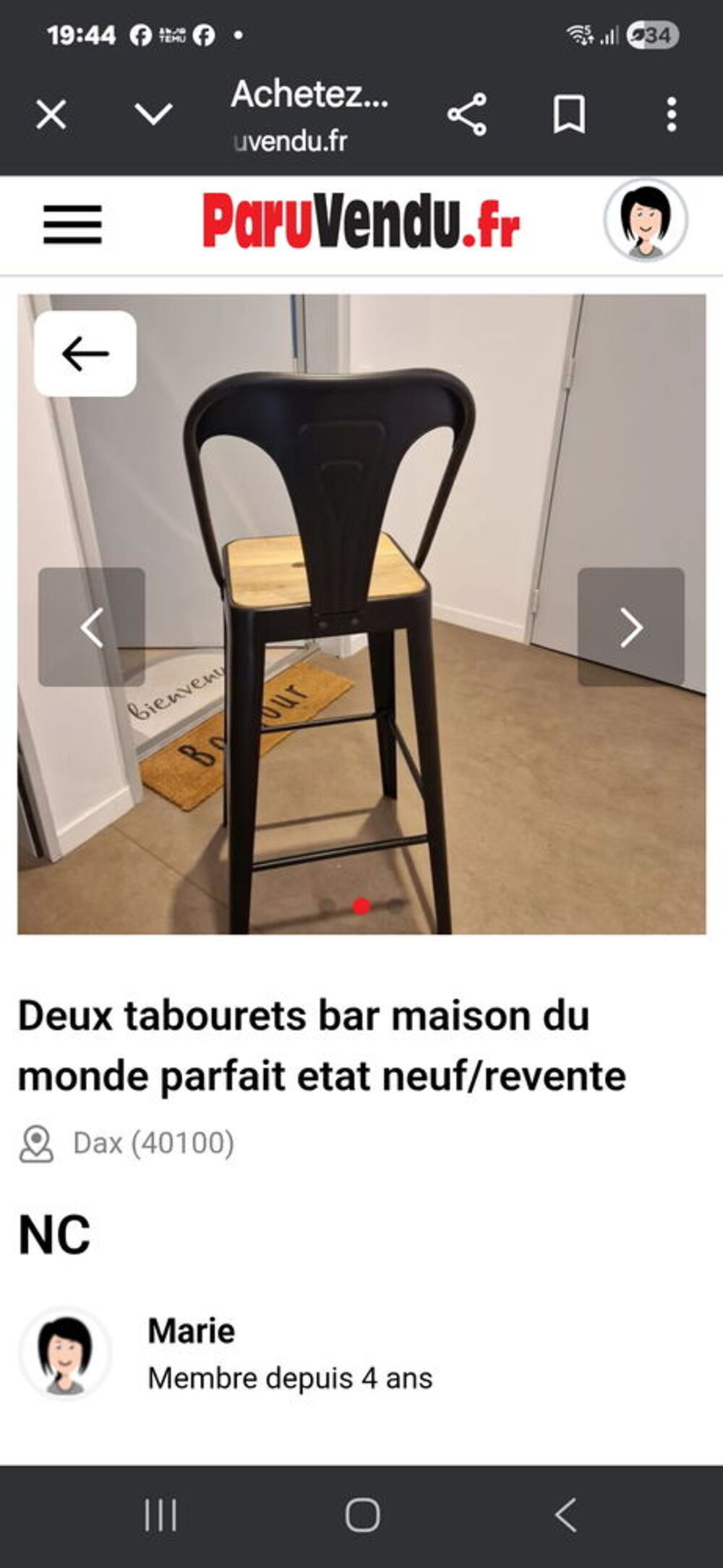 Deux magnifiques tabourets de bar haut 75 cm.sur dax Electroménager