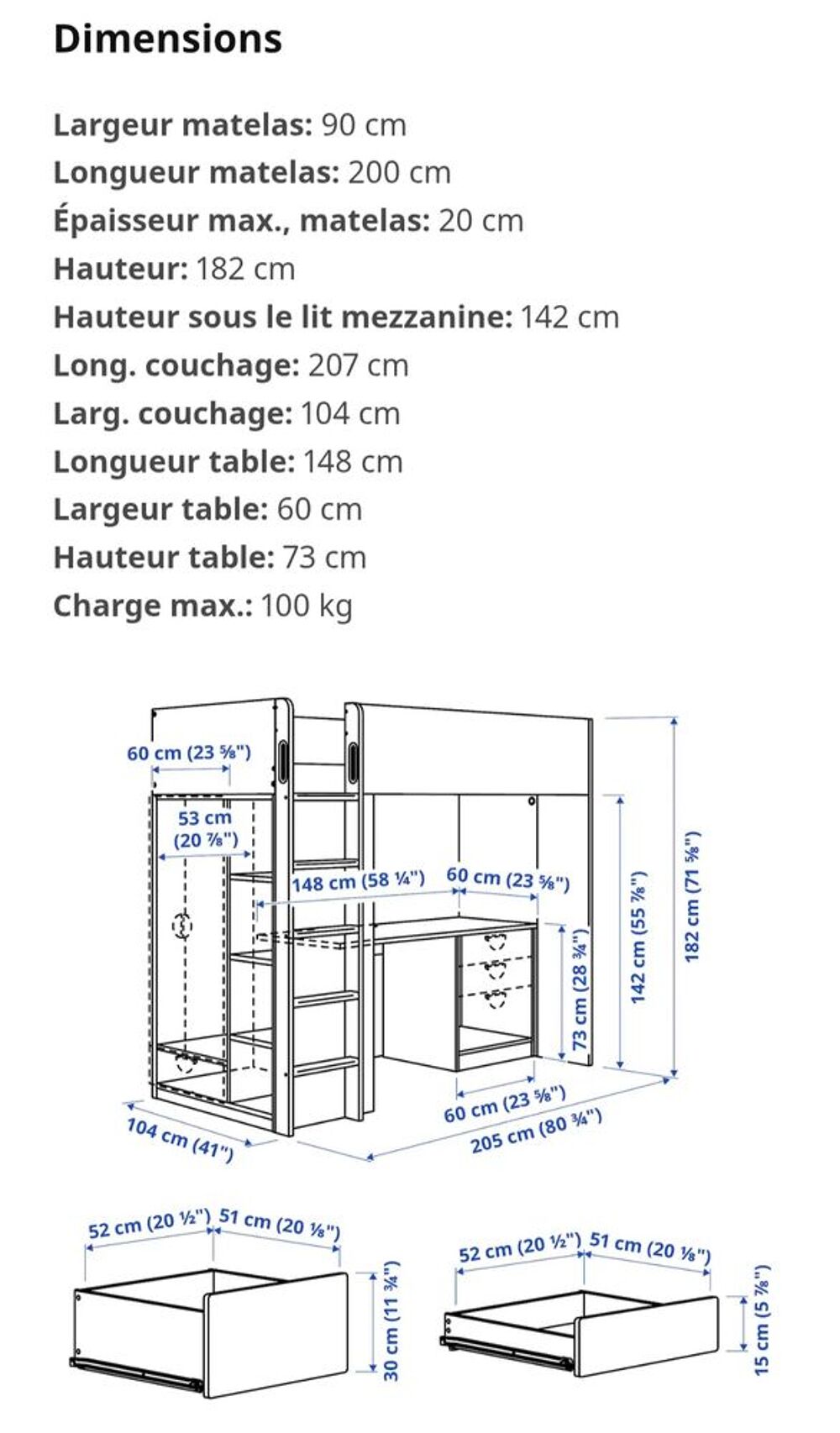 Lit mezzanine avec bureau et armoire Meubles