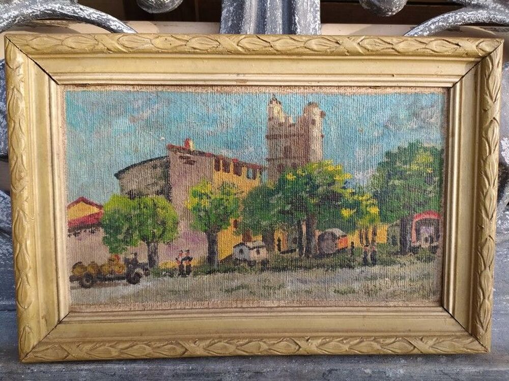 Tableau Peinture Na&iuml;ve Village Roulottes Sign&eacute; Marcel Legeay 