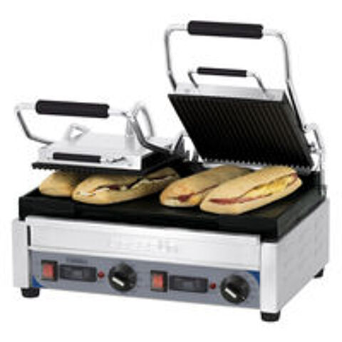   GRILL PANINI DOUBLE PREMIUM RAINUREE - LISSE AVEC MINUTEUR 