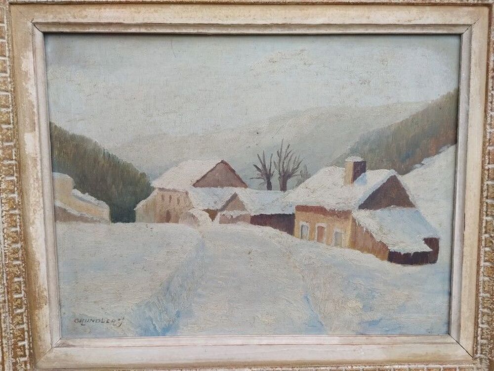 Tableau Paysage D'Hiver Maisons sous la Neige par J.Grundler 