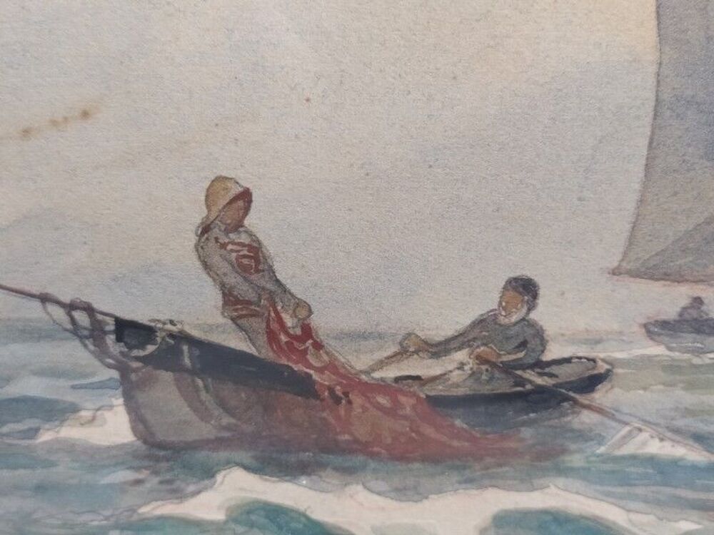 ANDR&Eacute; DES GACHONS Tableau Aquarelle Marine Bateau de P&ecirc;che 
