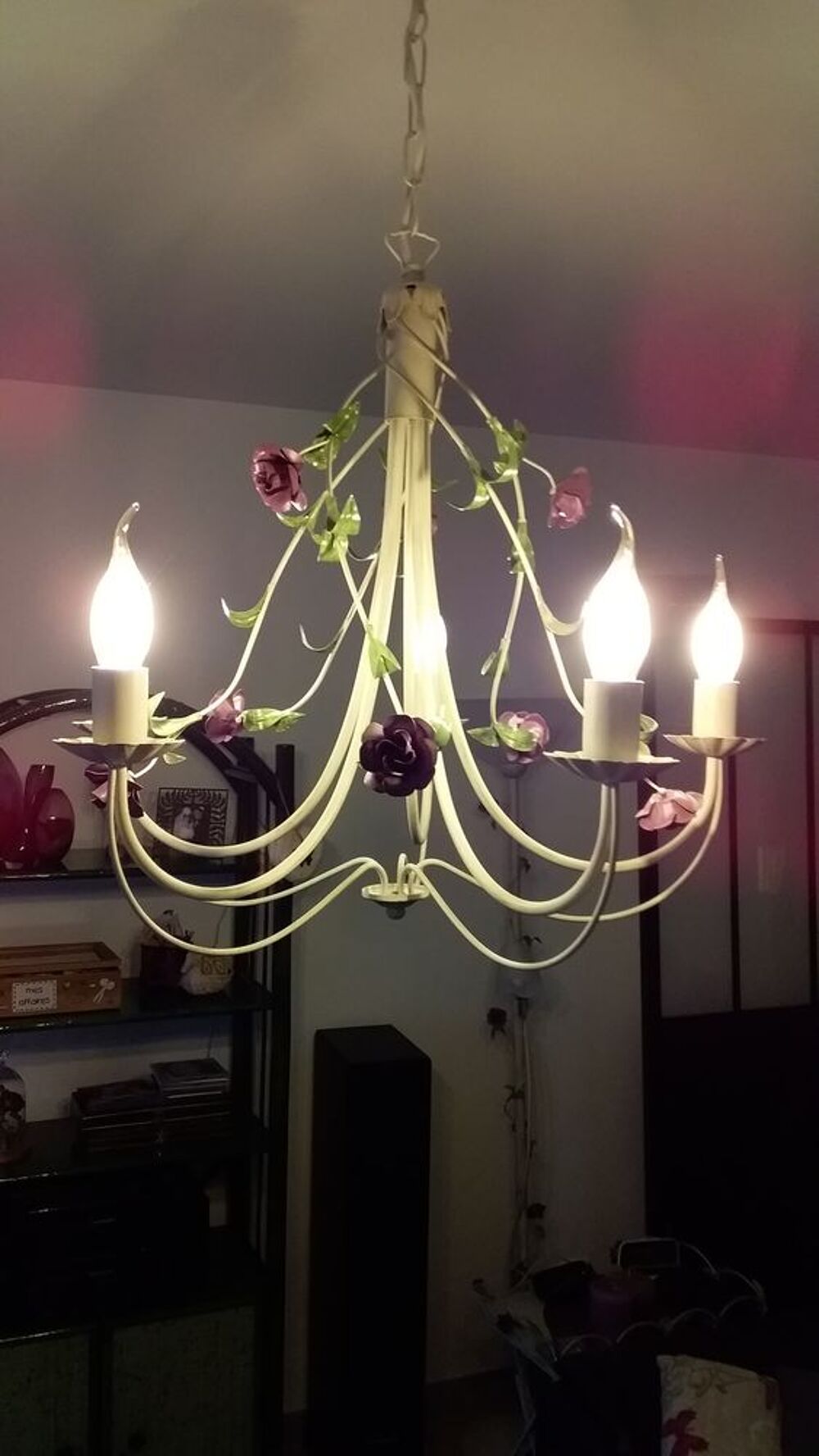Lustre M&eacute;tal Fleurs Vintage Ivoire Décoration