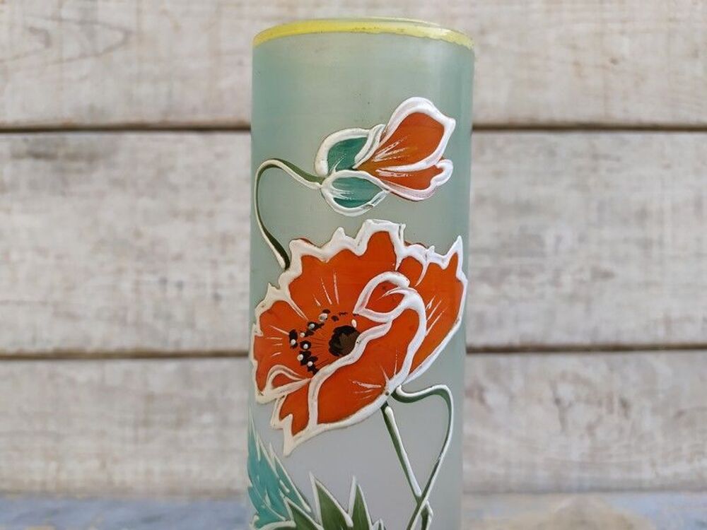 Ancien Vase Verre &Eacute;maill&eacute; D&eacute;cor Fleurs Pavot Style Legras Décoration