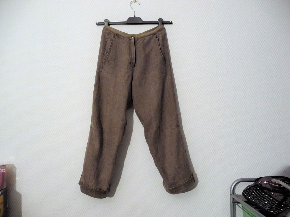 Pantacourt/ Pantalon Lin Marron Kaki- Taille 36- Liliane H Vêtements