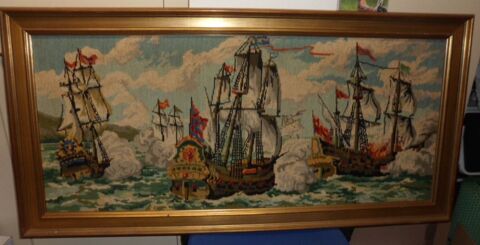Superbe canevas où 3 galions voguent vers l'Amérique 124X61 50 Castries (34)