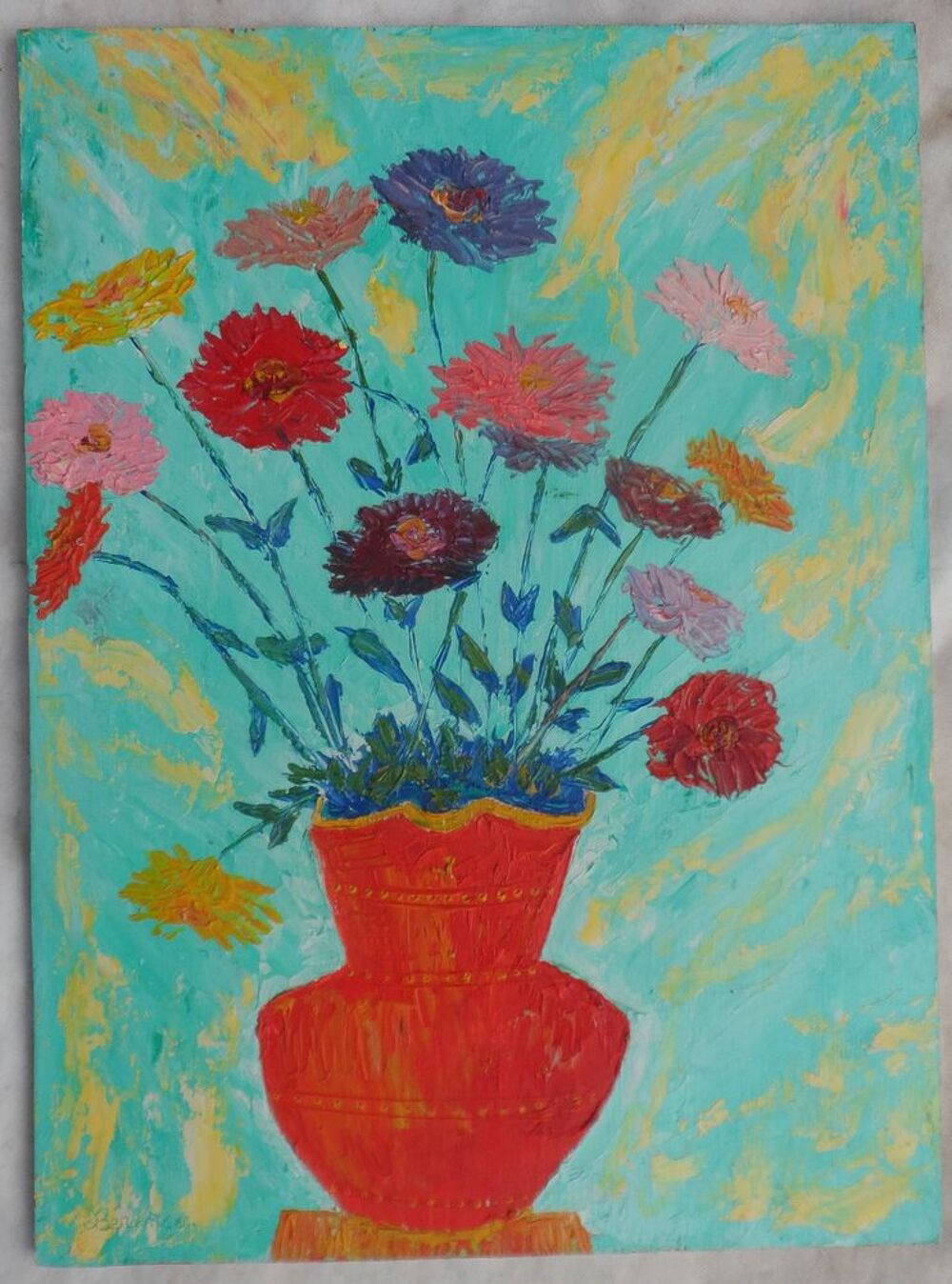Peinture sur bois bouquet de fleurs dans un vase 51,8 x 38 Décoration