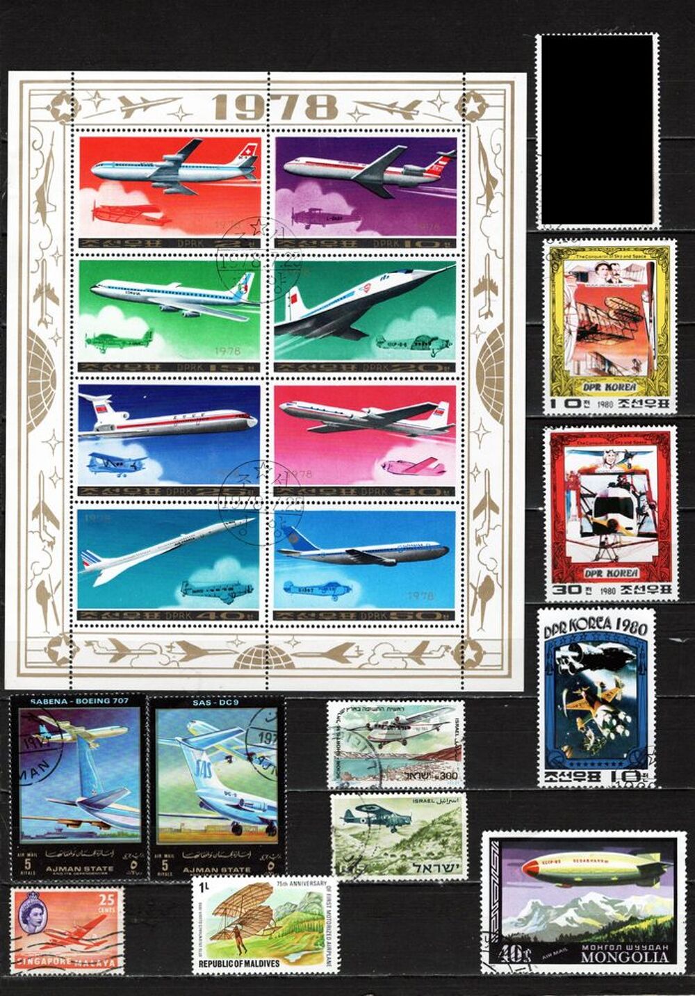 lot de 47 timbres d'ASIE sur les TRANSPORTS AERIENS 
