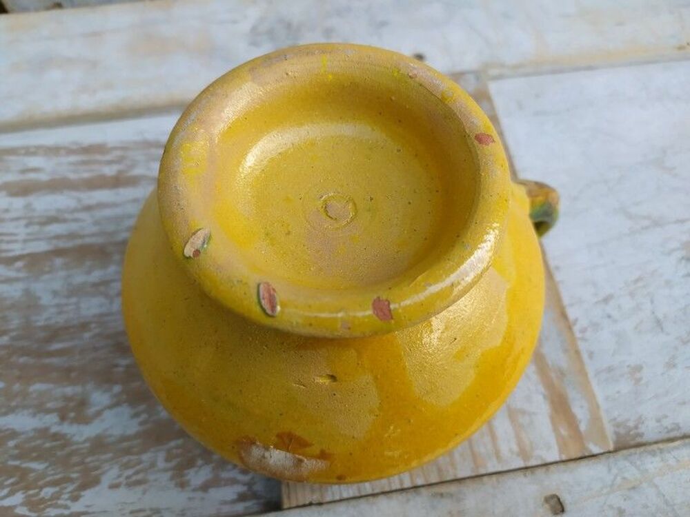 Ancien Bol &agrave; Anse C&eacute;ramique Tunisie D&eacute;cor Gla&ccedil;ure Vert Jaune Décoration
