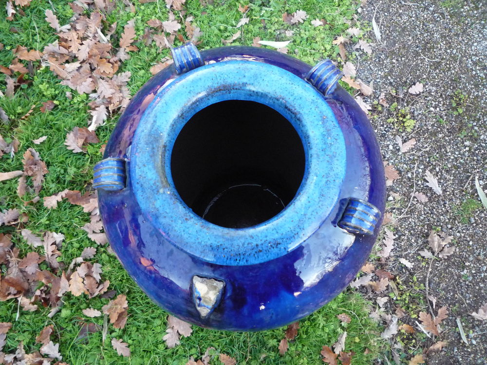 Jarre verniss&eacute;e bleue/poterie/jardin/terrasse/d&eacute;co Jardin