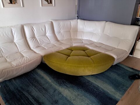 Canap d'angle en cuir blanc et pouf vert 700 Bayonne (64)