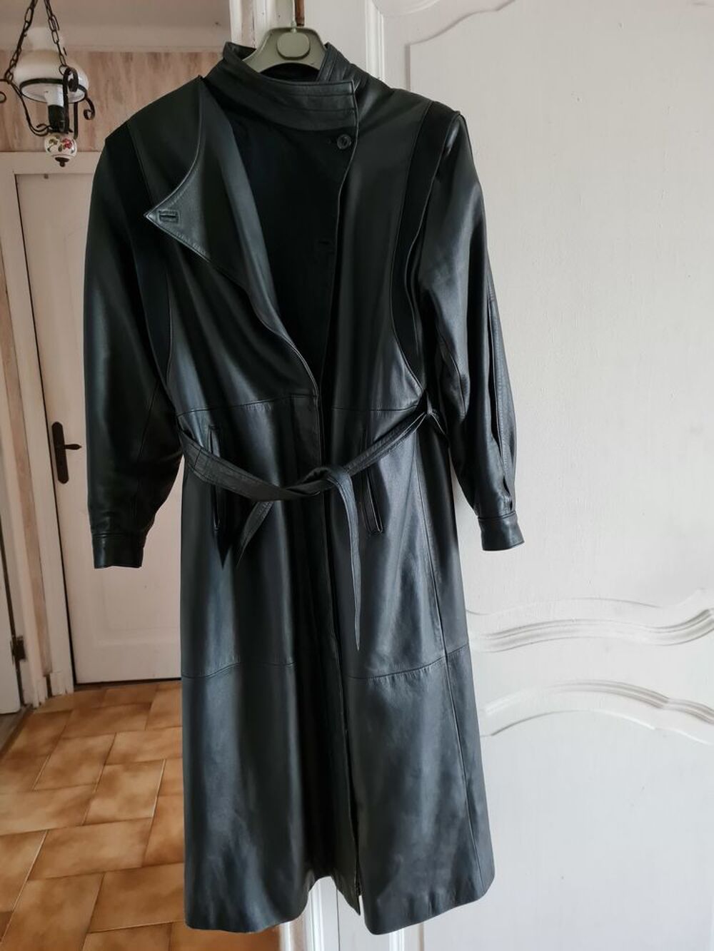 Long Manteau en cuir noir 42/44 Vtements