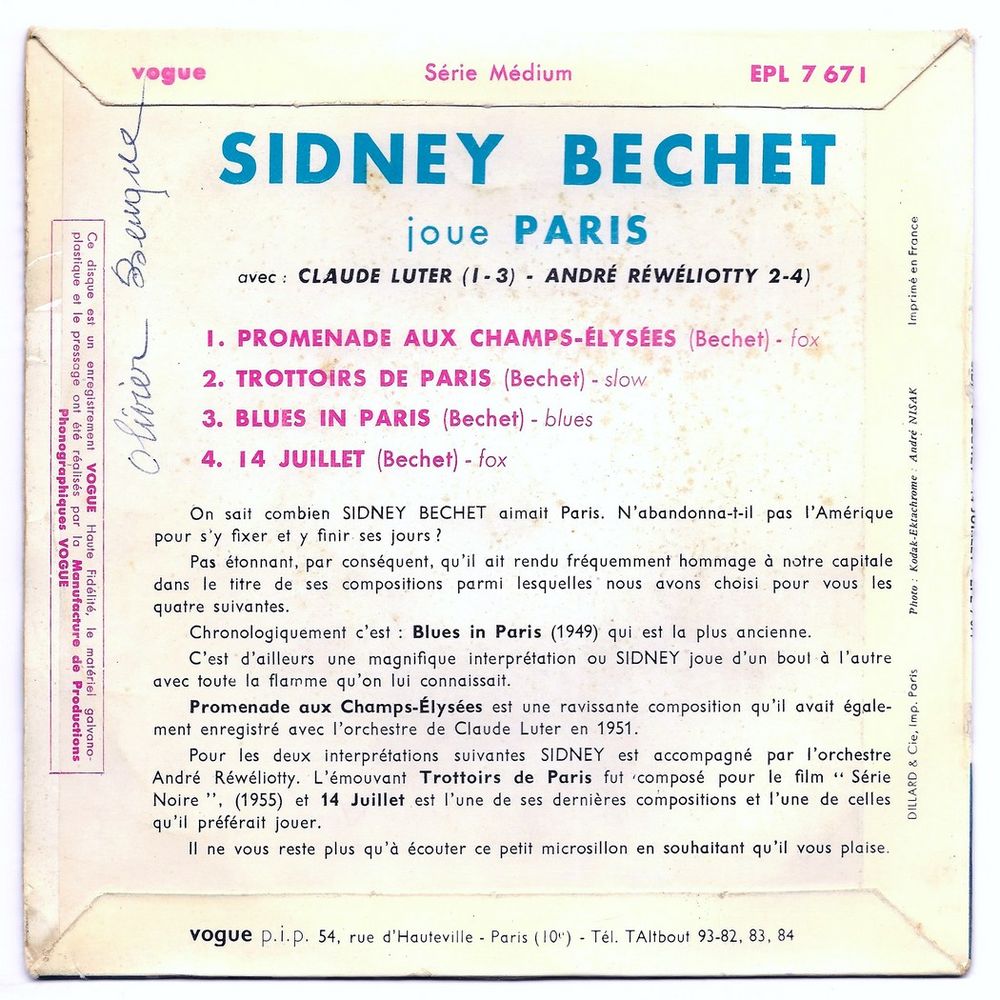 SIDNEY BECHET JOUE PARIS-45t EP-PROMENADE AUX CHAMPS-&Eacute;LYS&Eacute;ES CD et vinyles