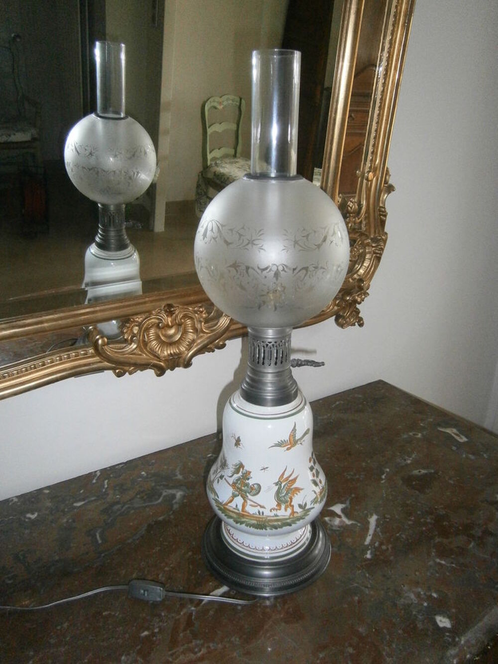 ANCIENNE GRANDE LAMPE FAIENCE "MOUSTIER" Décoration