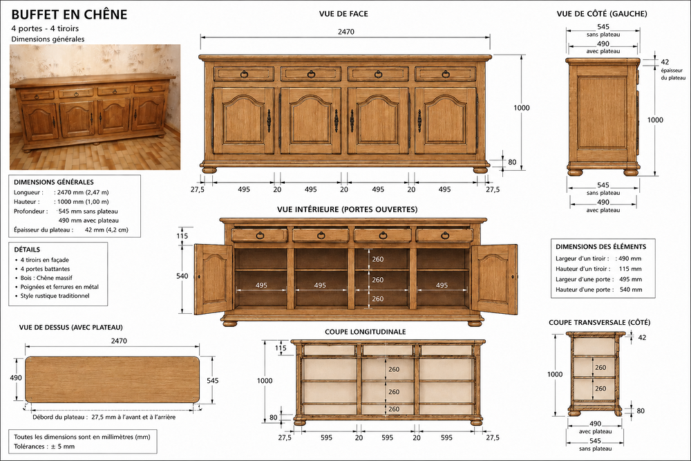 Buffet en ch&ecirc;ne massif 4 portes 4 tiroirs ? Excellent &eacute;tat Meubles