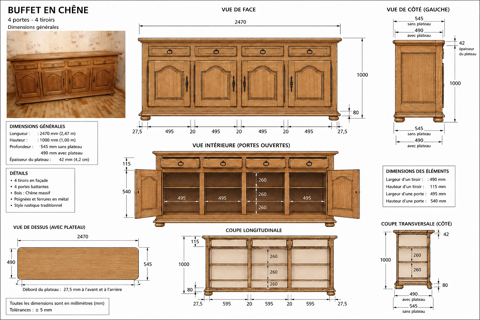 Buffet en chêne massif 4 portes 4 tiroirs ? Excellent état 790 Paraza (11)