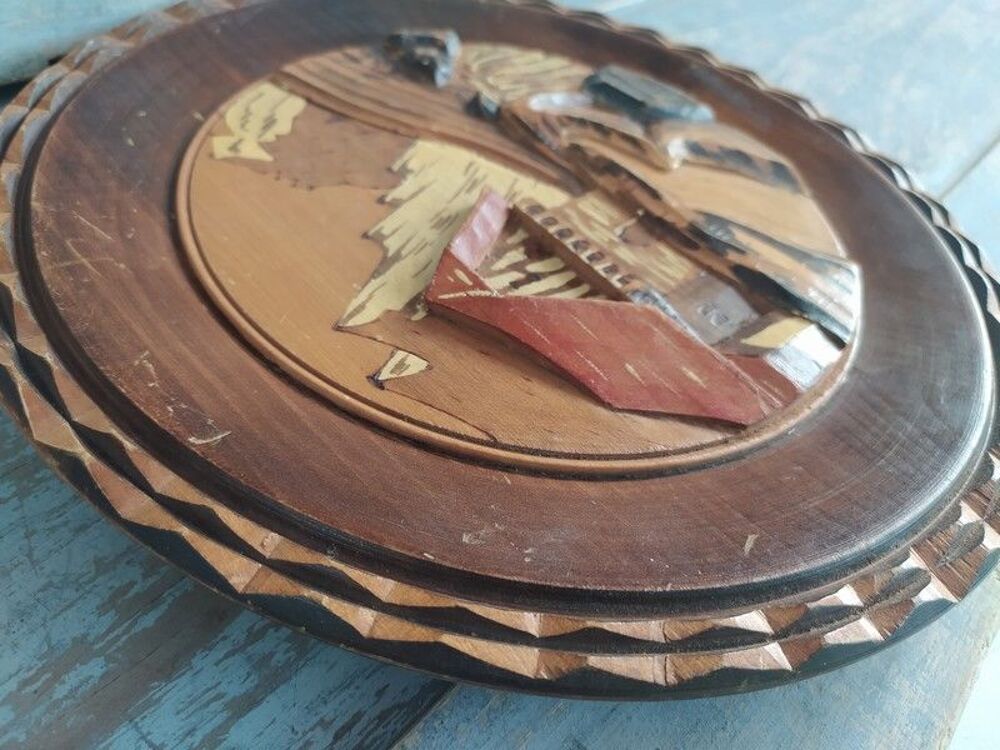 Assiette Bois Sculpt&eacute; Chalet Montagne Art Populaire 1950 Décoration
