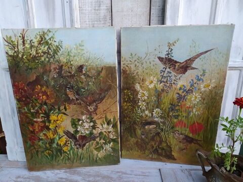 Anciens Tableaux Huile sur Toile Pendants Fleurs et Oiseaux 180 Loches (37)